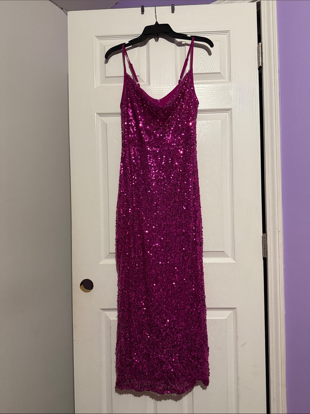 Sequin Cowl Neck Spaghetti Strap Dress in Fuchsia